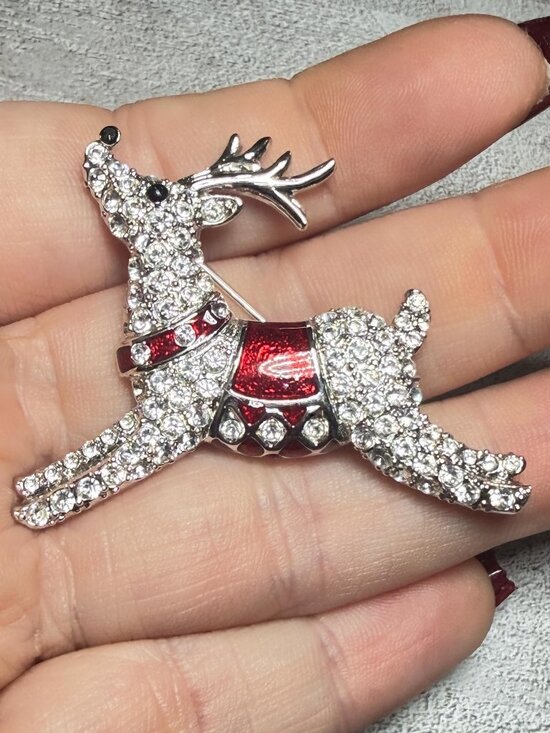 Jewelry - Rhinestone Reindeer Brooch Silver Tone Red Christmas Holiday Pin